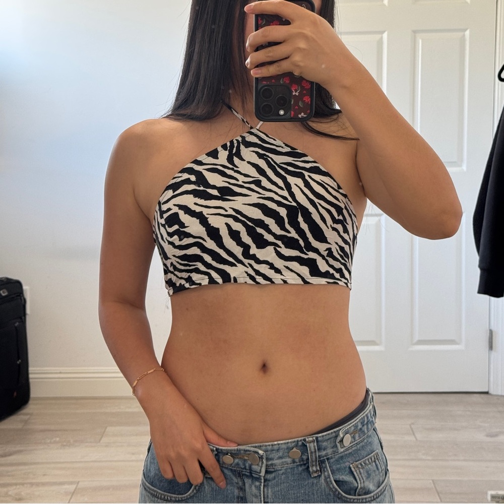 Motel Rocks Zebra Halter Crop Top - Black & White